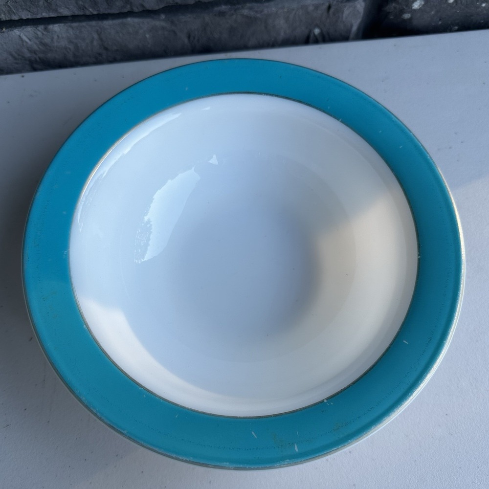 Vintage Pyrex Milk Glass & Turquoise Blue Band Rim Salad Serving Bowl 9" Cottage - Picture 2 of 7